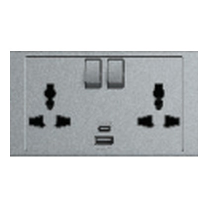 ABB Inora BL250-G 2 Gang 13A Switched Multi-Socket SP with USB Type A+C (Classic Grey)